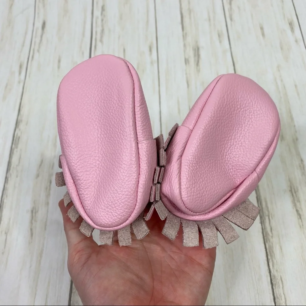 Birdrock Baby Pink Fringe Leather Moccasins